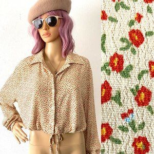 Brandy Melville Floral Blouse Drawstring Top Cropped Blouse Trendy Casual S M L